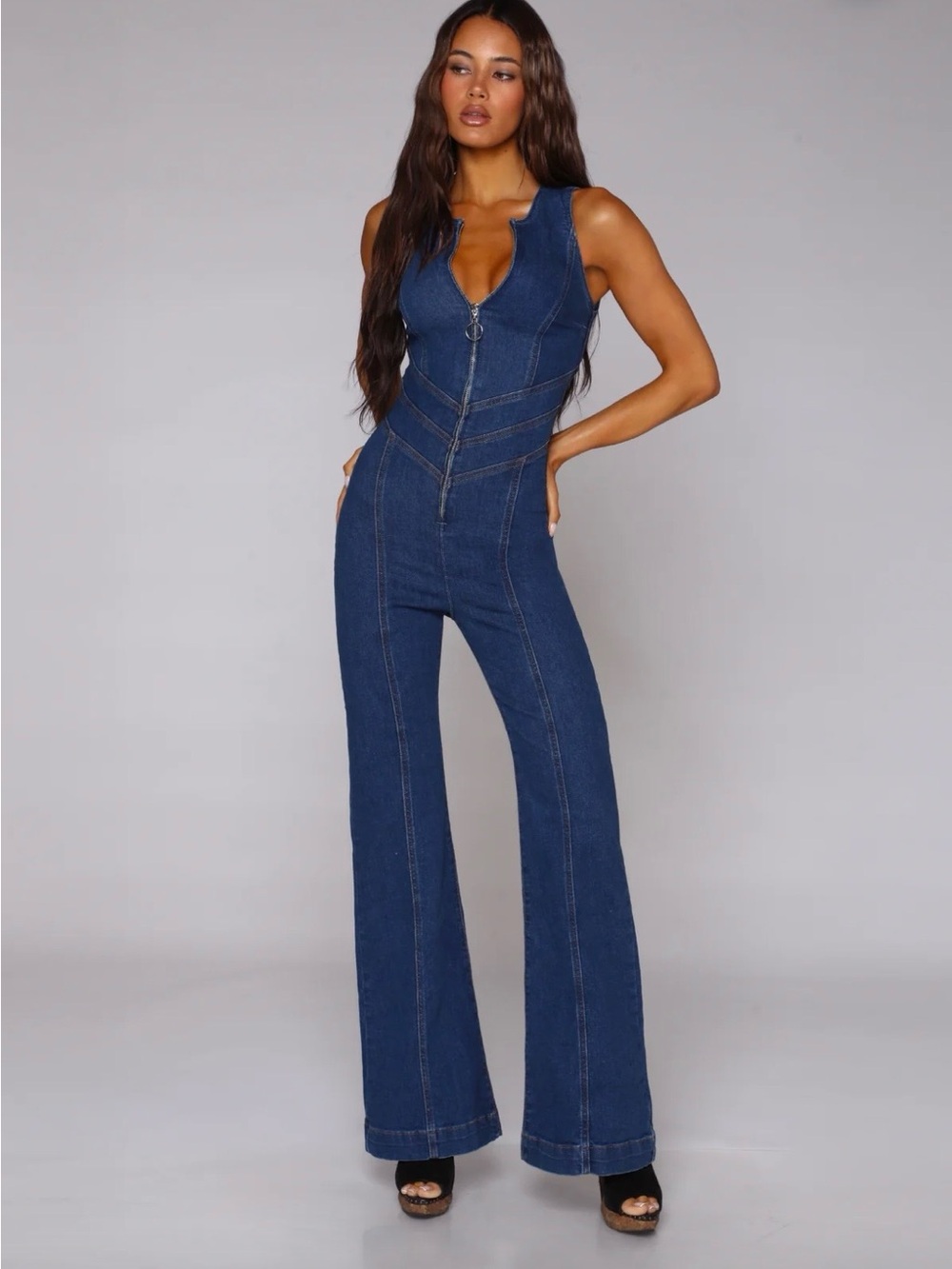 REVICE Hollywood Heartthrob Dark Blue Denim Flare Jumpsuit with Front Zip